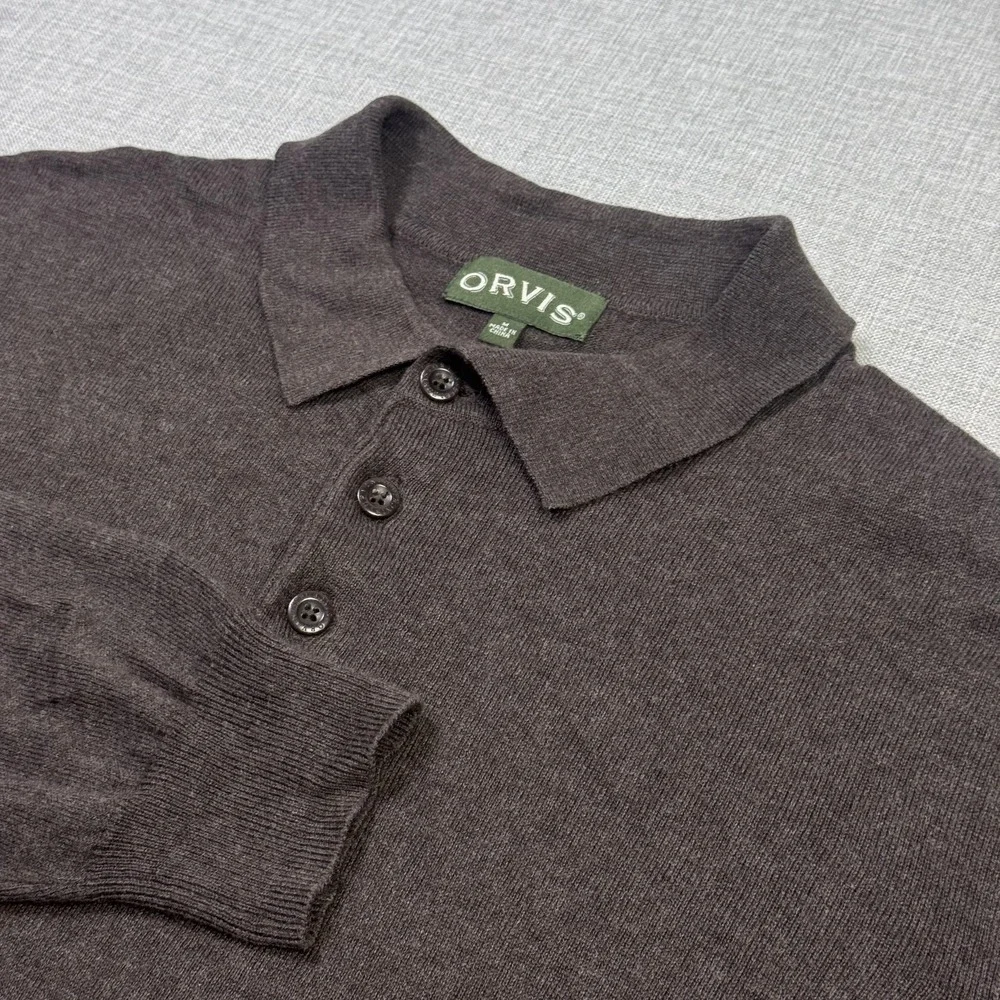 Orvis Pullover Sweater Mens M Brown Cotton Silk Cashmere Lightweight Collared